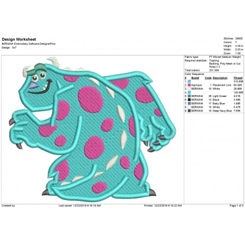 Monsters Inc Sulley Sullivan Fill Stitch Embroidery Design