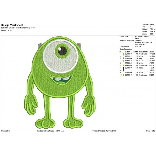 Monsters University Little Mike Embroidery Design