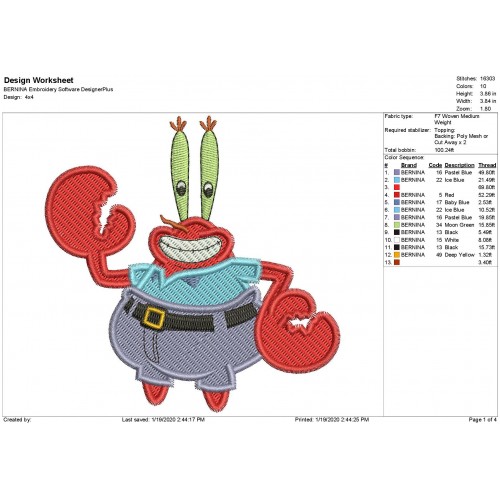 Mr. Krabs SpongeBob Fill Stitch Embroidery Design