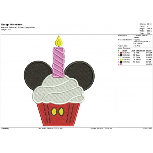 Mr Mouse Candle Cupcake Fill Stitch Embroidery Design