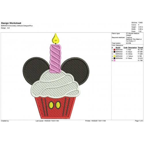 Mr Mouse Candle Cupcake Fill Stitch Embroidery Design