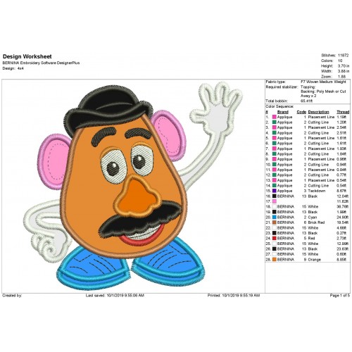 Mr Potato Toy Story Embroidery Applique Design