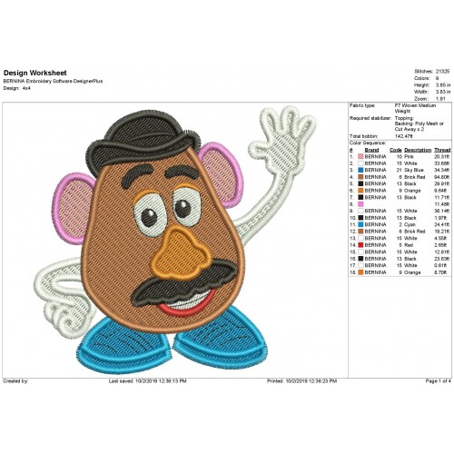 Mr Potato Toy Story Filled Embroidery Design