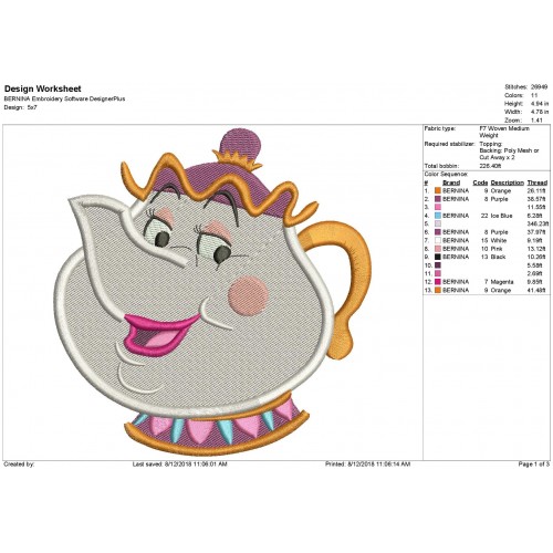 Mrs Potts Beauty and The Beast Embroidery Design