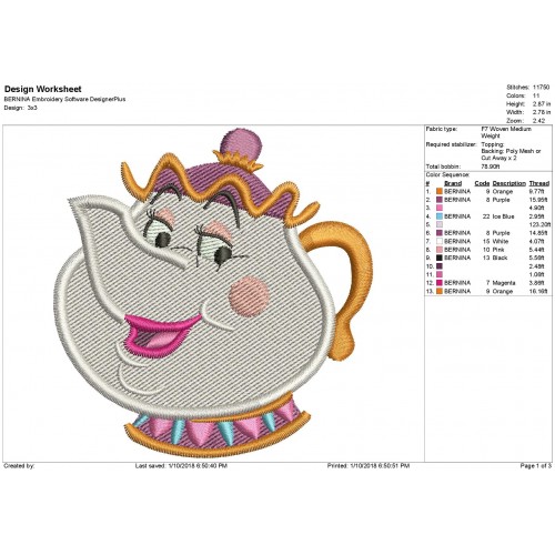 Mrs Potts Beauty and The Beast Embroidery Design