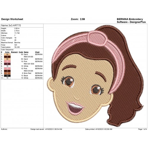 Ms. Rachel Head Filling Stitch Embroidery Design