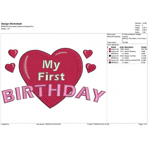 My 1st Birthday Heart Embroidery Design