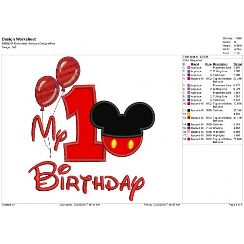 My 1st Birthday Mickey Balloon Birthday Applique Design