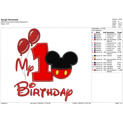My 1st Birthday Mickey Balloon Birthday Applique Design