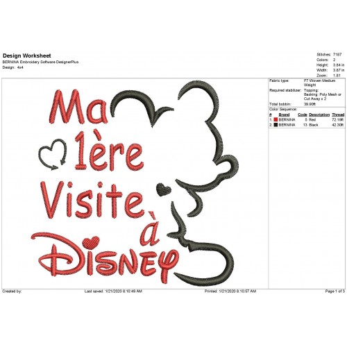 My First Trip To Disney Embroidery Ma 1ère Visite à Disney Embroidery Design