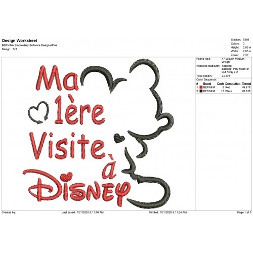 My First Trip To Disney Embroidery Ma 1ère Visite à Disney Embroidery Design