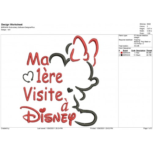 My First Trip To Disney Minnie Embroidery Ma 1ère Visite à Disney Embroidery Design
