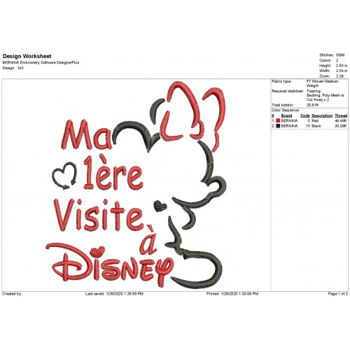 My First Trip To Disney Minnie Embroidery Ma 1ère Visite à Disney Embroidery Design