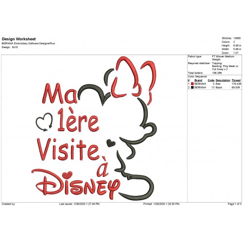 My First Trip To Disney Minnie Embroidery Ma 1ère Visite à Disney Embroidery Design
