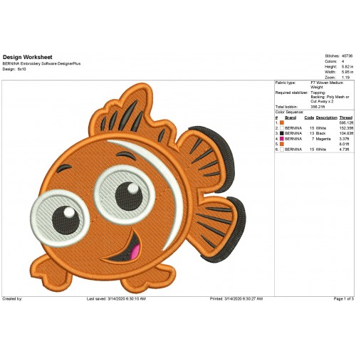 Nemo Finding Nemo Filled Embroidery Design
