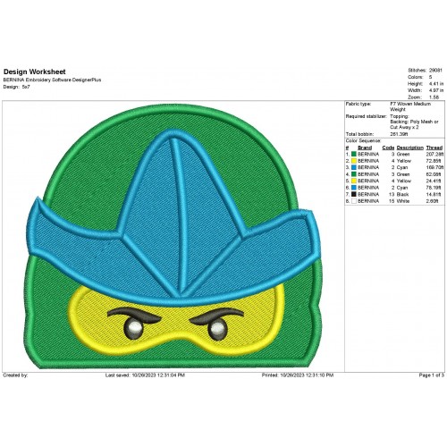 Ninja Lego Green Peeker Embroidery Design