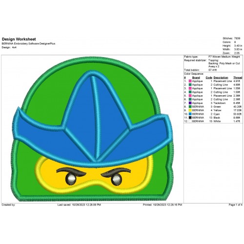Ninja Lego Green Peeker Embroidery Machine Applique Design