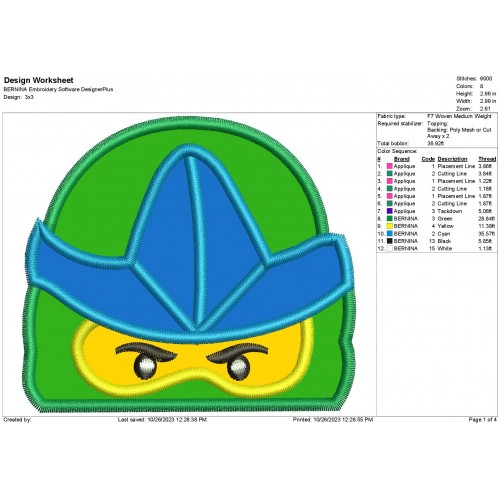 Ninja Lego Green Peeker Embroidery Machine Applique Design