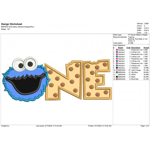 One Cookie Monster Sesame Street Applique Design