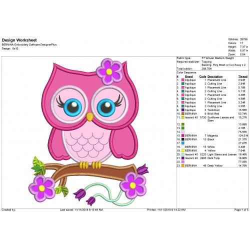 Owl Applique Design Owl Spring Flowers Applique