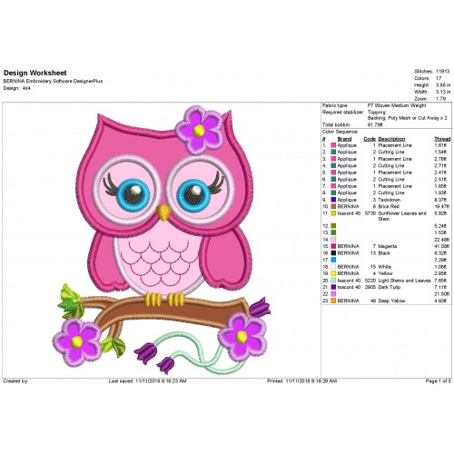 Owl Applique Design Owl Spring Flowers Applique