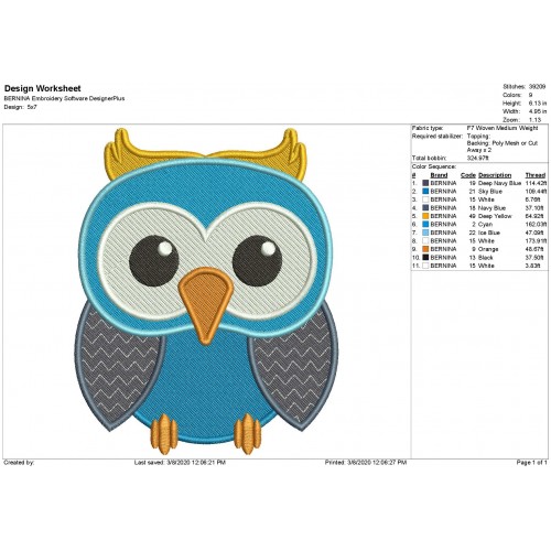 Owl Embroidery Design Filled Stitch