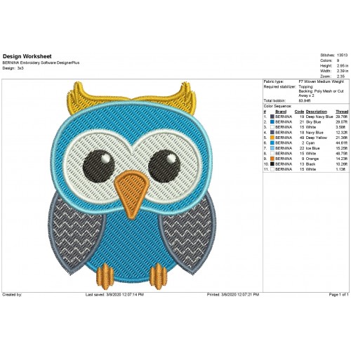 Owl Embroidery Design Filled Stitch