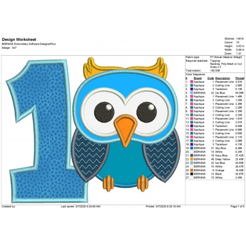 Owl Number 1 Applique Design Owl Birthday Applique