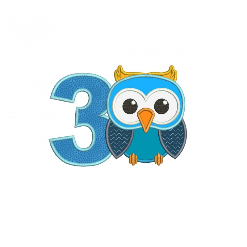 Owl Number 3 Applique Design Owl Birthday Applique