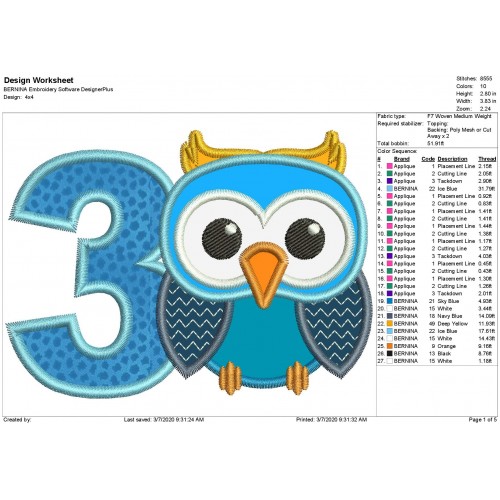 Owl Number 3 Applique Design Owl Birthday Applique