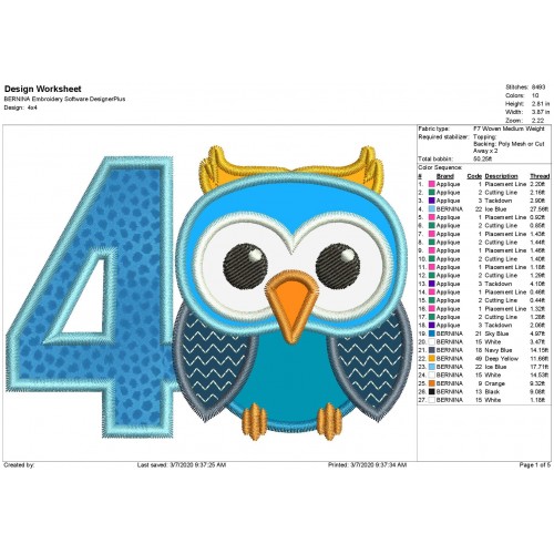 Owl Number 4 Applique Design Owl Birthday Applique