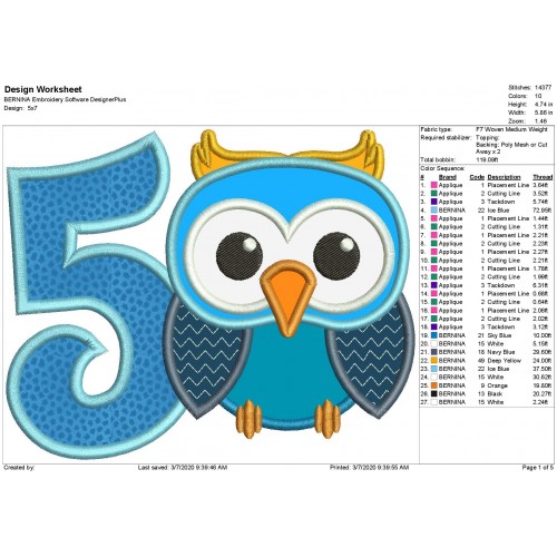 Owl Number 5 Applique Design Owl Birthday Applique