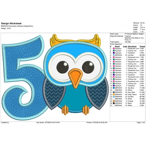 Owl Number 5 Applique Design Owl Birthday Applique