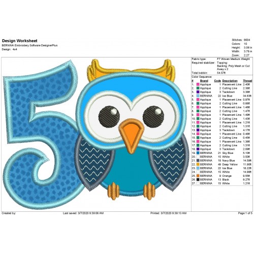 Owl Number 5 Applique Design Owl Birthday Applique