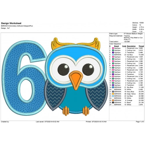 Owl Number 6 Applique Design Owl Birthday Applique