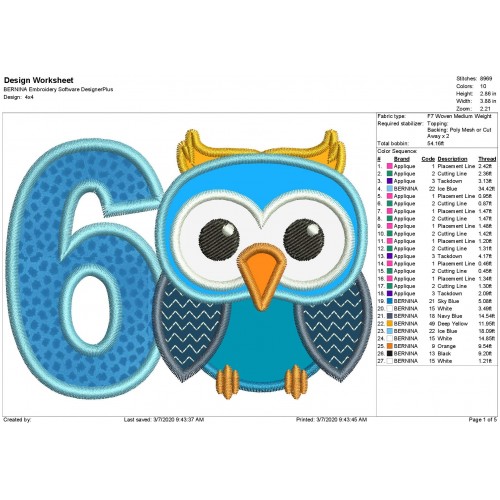 Owl Number 6 Applique Design Owl Birthday Applique