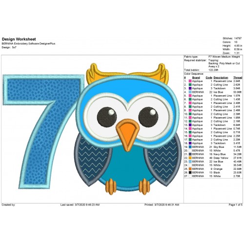 Owl Number 7 Applique Design Owl Birthday Applique