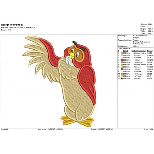 Owl Winnie the Pooh Fill Stitch Embroidery Design