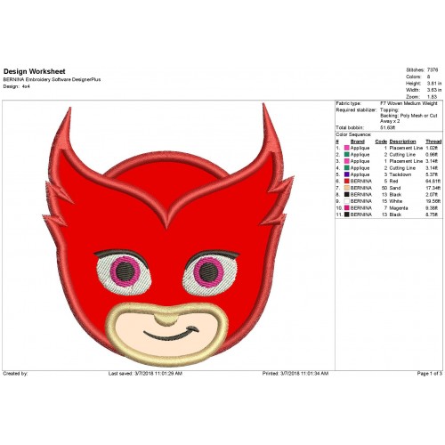 PJ Masks Owlette Head Applique Design