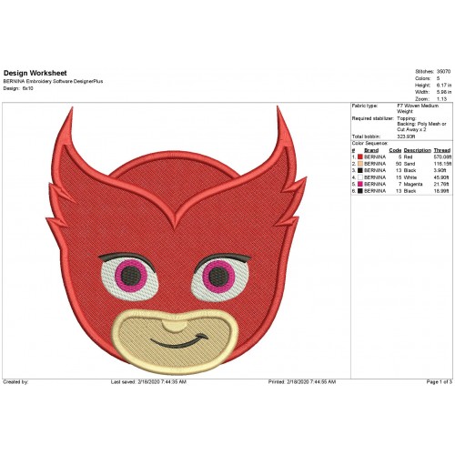 PJ Masks Owlette Head Filled Stitch Embroidery Design