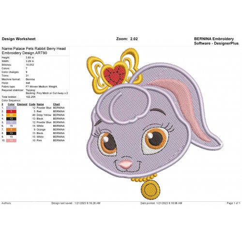 Palace Pets Rabbit Berry Head Embroidery Design