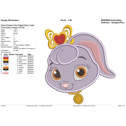 Palace Pets Rabbit Berry Head Embroidery Design