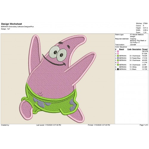 Patrick Star SpongeBob Fill Stitch Embroidery Design