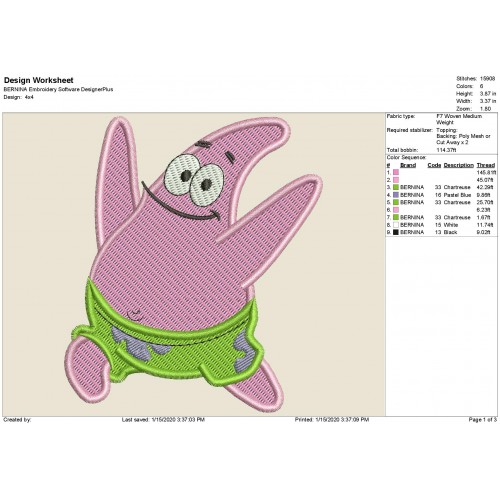 Patrick Star SpongeBob Fill Stitch Embroidery Design