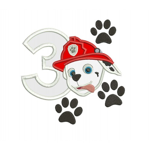 Paw Patrol Face with a Number 3 Applique Design