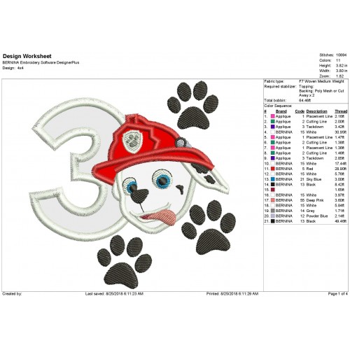 Paw Patrol Face with a Number 3 Applique Design