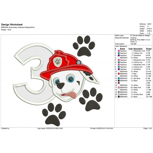 Paw Patrol Face with a Number 3 Applique Design