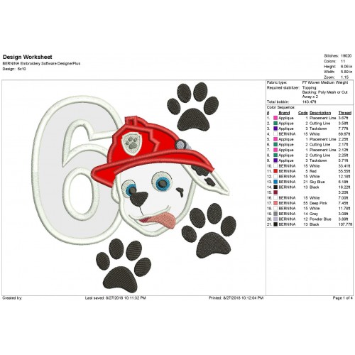 Paw Patrol Face with a Number 6 Applique Design