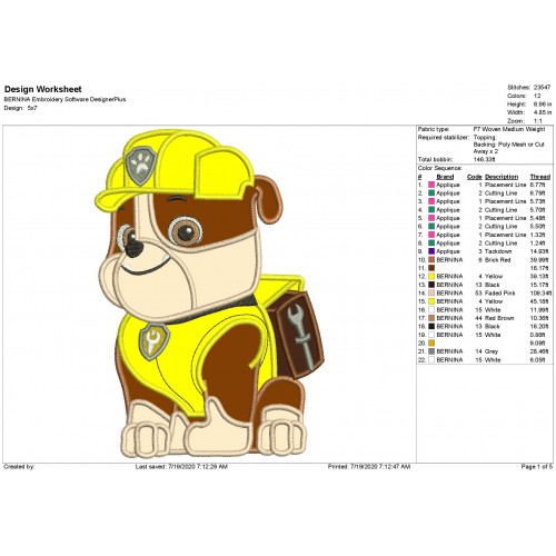 Paw Patrol Rubble Pup Applique Design