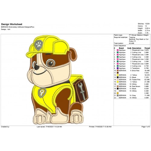 Paw Patrol Rubble Pup Applique Design